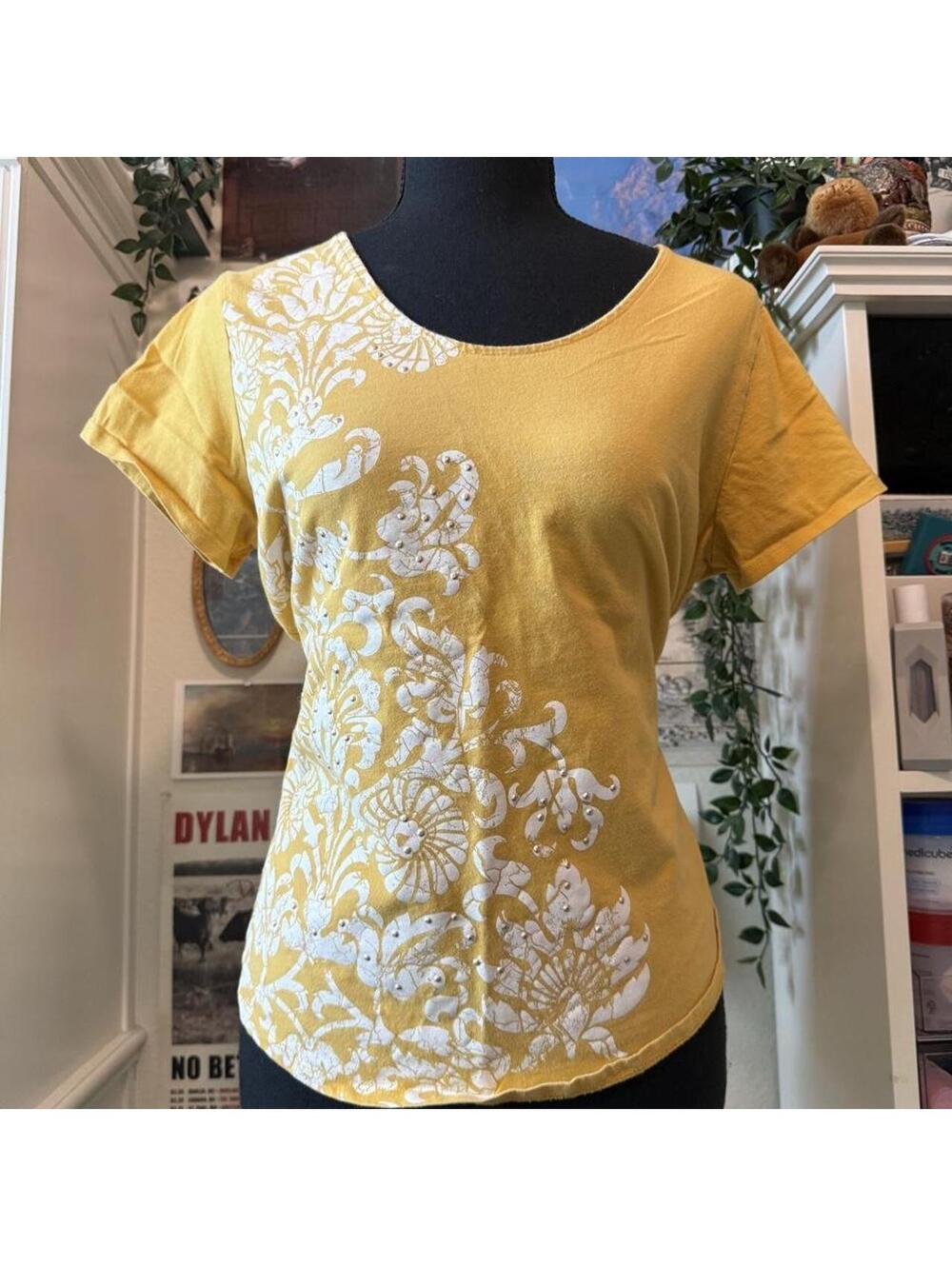 St. John's Bay Mustard Yellow Floral Rhinestone Short Sleeve Top